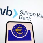 Illustration shows European Central Bank and SVB (Silicon Valley Bank)