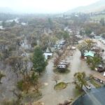 An aerial view of the overflowing Kern River in Kernville,